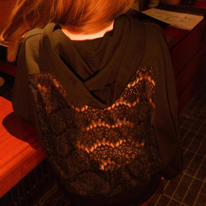 Ladies' oversized hooded sweater with floral lace insert on the back Mune Fashion