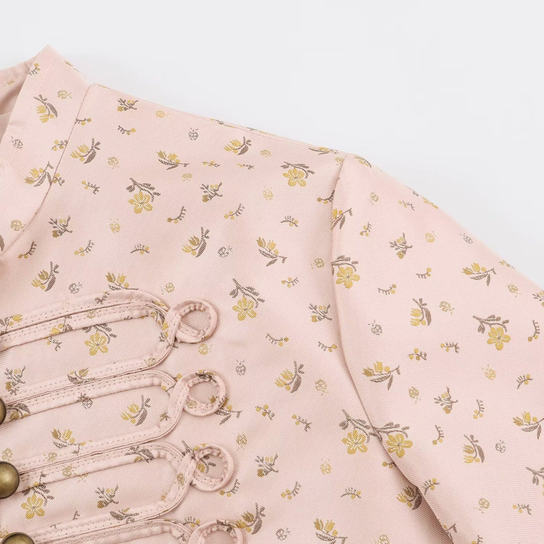 Women Cropped Satin Jacket in Military Style with Decorative Frog Trim Mune Fashion
