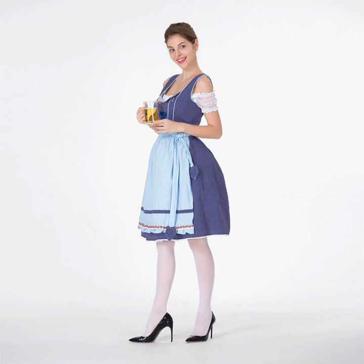 Women's classic traditional dirndl with polka dot bodice, laced corset and removable ruffled apron Mune Fashion