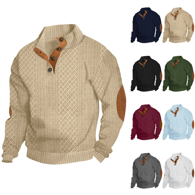 Men's cable knit turtleneck with stand-up collar, half button placket, and contrasting leather applications Mune Fashion