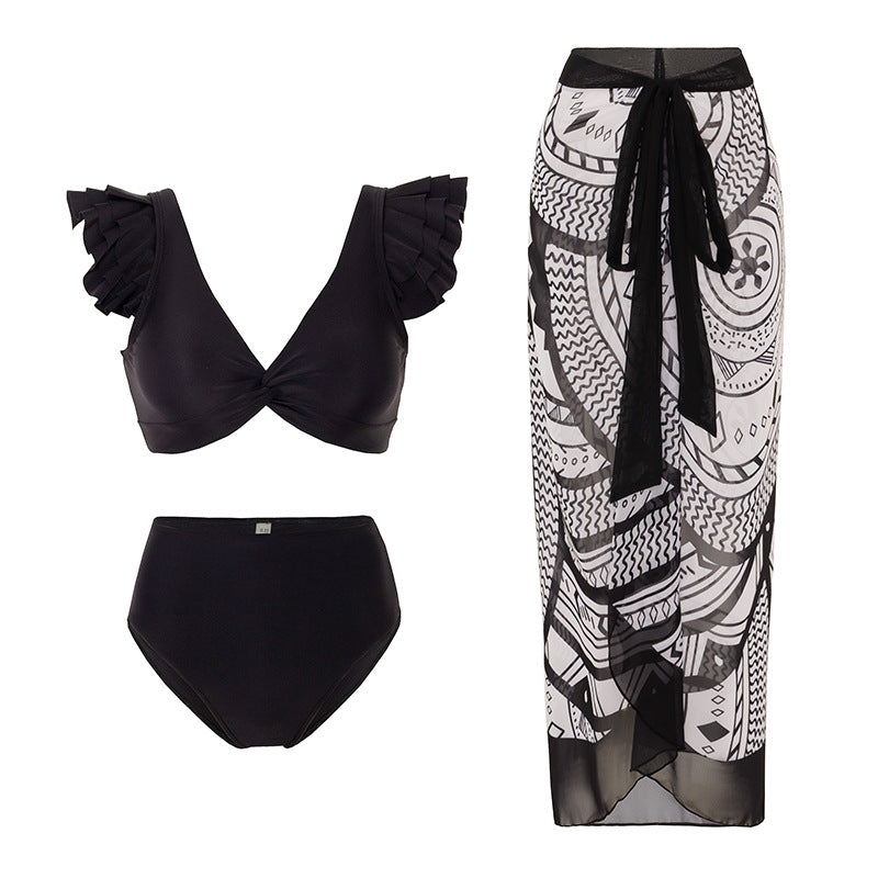 Women’s Bikini Set with Decorative Ruffle Design and Transparent Beach Tunic Mune Fashion