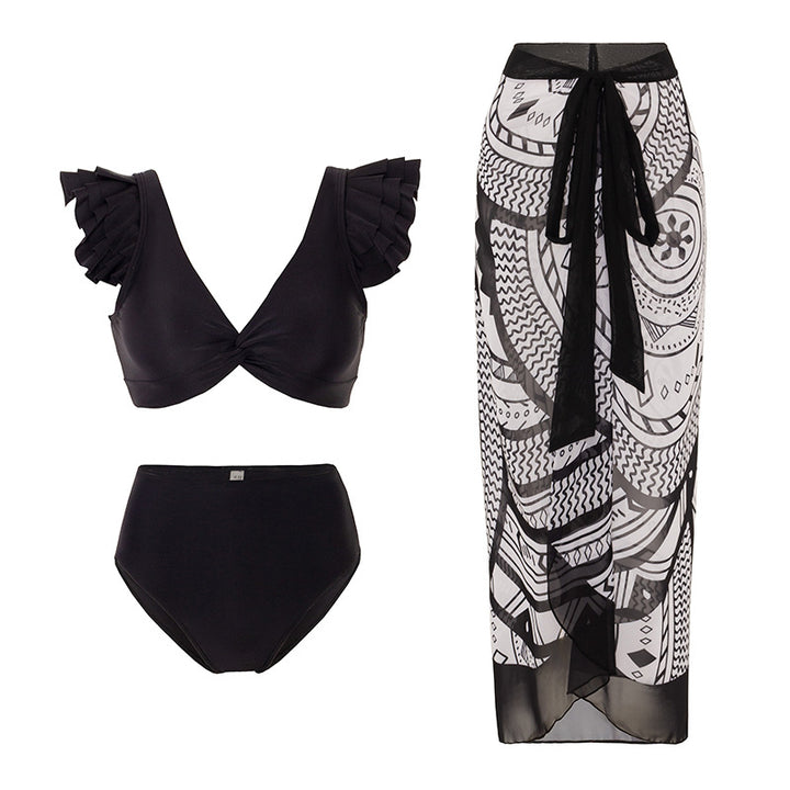 Women’s Bikini Set with Decorative Ruffle Design and Transparent Beach Tunic Mune Fashion