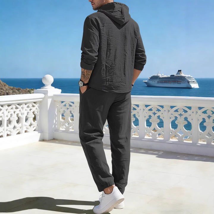 Men's relaxed hoodie Henley leisure suit made of lightweight cotton blend with linen look, featuring drawstring and elastic waistband pants Mune Fashion