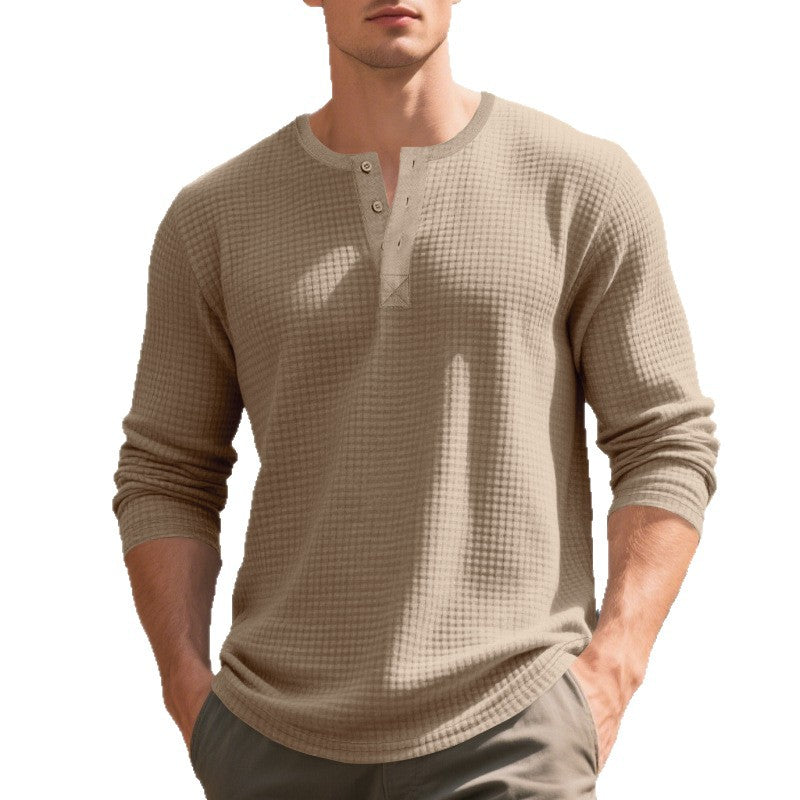 Men's Waffle Structure Henley Long Sleeve Shirt with Crew Neck, Multiple Button Placket and Relaxed Fit Mune Fashion