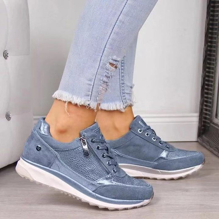 Women's casual wedge sneakers made of suede and mesh mix with side zipper and textured platform sole Mune Fashion