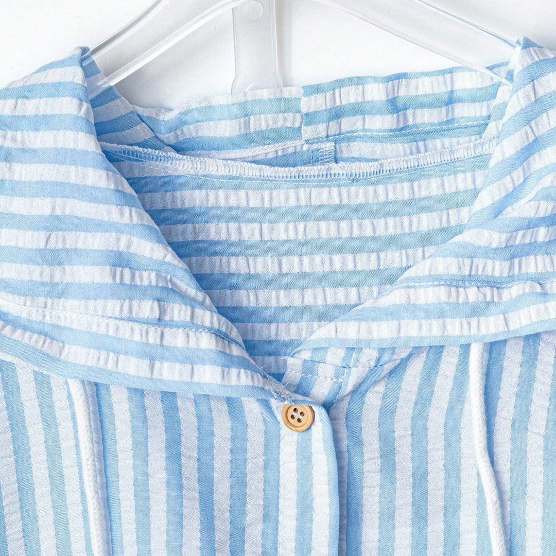 Women’s Lightweight Striped Hooded Overshirt with Wooden Buttons and Applied Pockets Mune Fashion