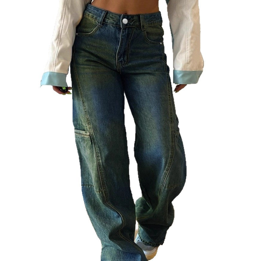 Women's High-Waist Wide Cargo Denim Pants with Seam Panels and Baggy Silhouette Mune Fashion