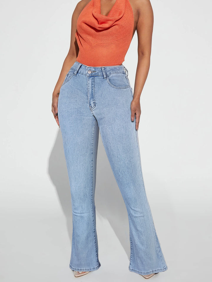 Ladies high-waisted tapered flared jeans with waist-shaping waistband Mune Fashion