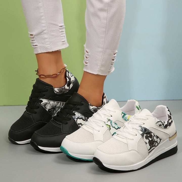Women Wedge Sneakers with Floral Embroidery, Mesh Inserts and Metal Application Mune Fashion