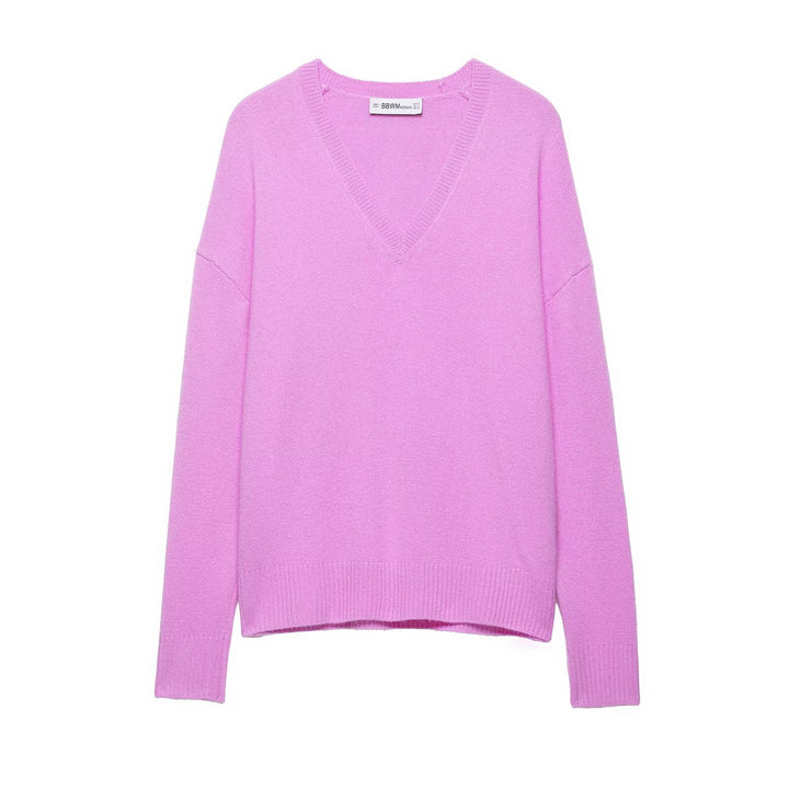 Ladies Chunky Knit V-Neck Cable Knit Sweater with Ribbed Cuffs Mune Fashion