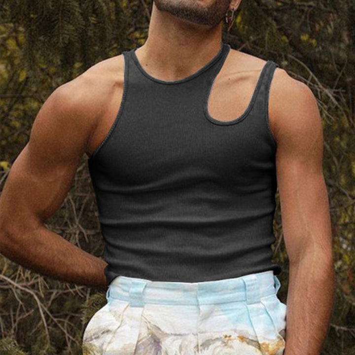 Men's body-hugging tank top with one-sided shoulder cut-out and fine ribbed texture Mune Fashion