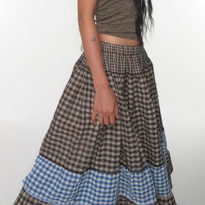 Women's multi-layered cotton tiered skirt with elastic waistband, contrasting gingham ribbon and ruffle Mune Fashion