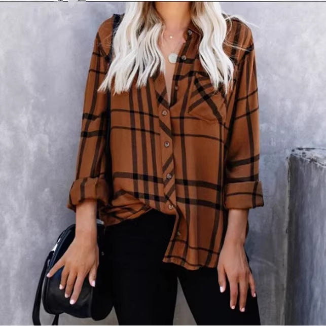 Women Oversize Shirt Blouse with Check Pattern, Chest Pocket and Roll-Up Sleeves Mune Fashion