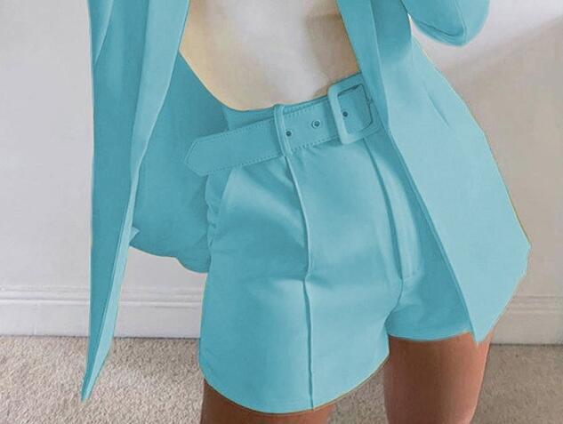 Women's Two-Piece Tailored Blazer Set with High-Waisted Shorts and Belt Mune Fashion