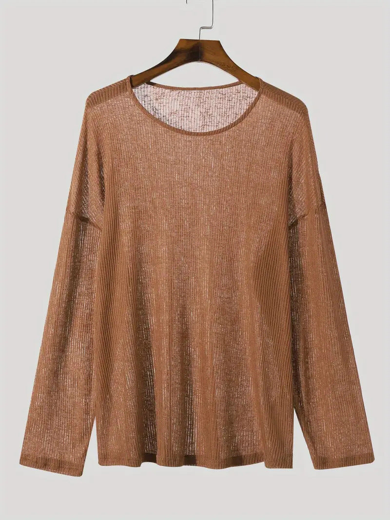 Ladies fall loose long sleeve fine knit shirt with fine ribbed pattern and round neck Mune Fashion