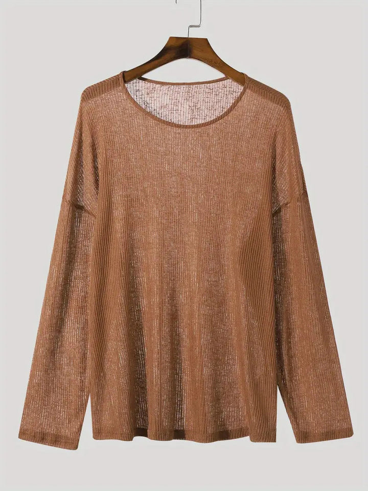 Ladies fall loose long sleeve fine knit shirt with fine ribbed pattern and round neck Mune Fashion