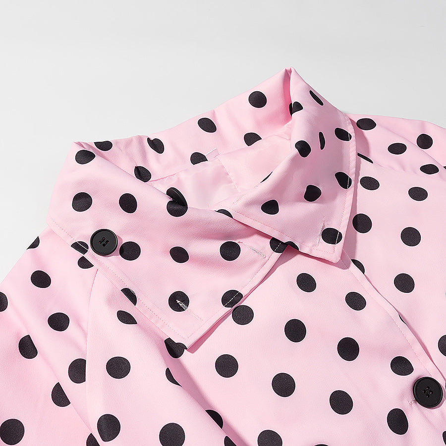Women's Polka Dot Trench Coat Style with Tie Belt and Balloon Sleeves Mune Fashion