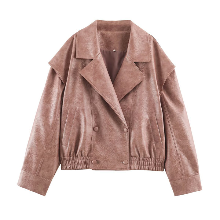 Ladies Oversized Faux Leather Jacket with Double Breasted, Wide Lapels and Elastic Hem Mune Fashion