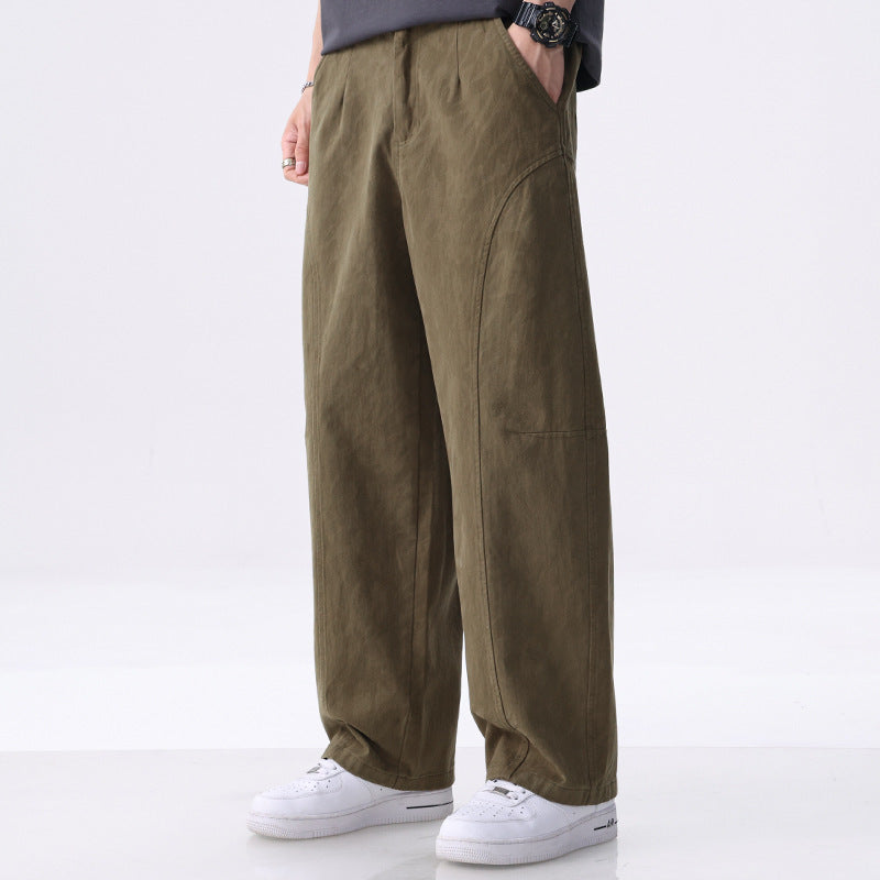 Men's Loose-Fitting Utility Pants with Wide Legs, Distinctive Decorative Stitching, and Elastic Waistband Mune Fashion
