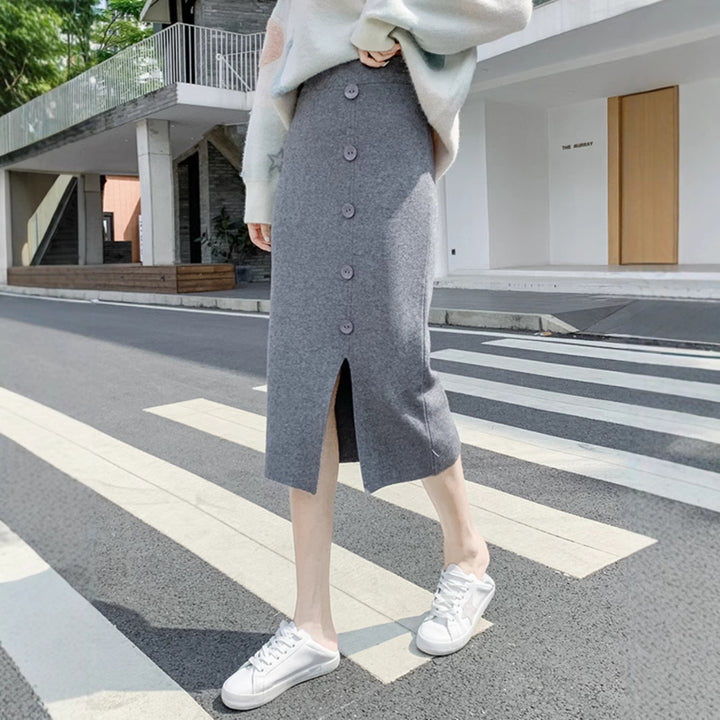 Ladies Elegant Maxi Skirt with Button Details and Slit Mune Fashion