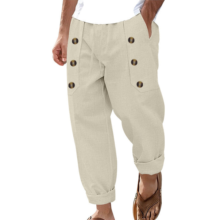 Men's Loose-Fitting Linen-Style Harem Pants with Button Detail, Elastic Waistband & Cuffed Ankles Mune Fashion