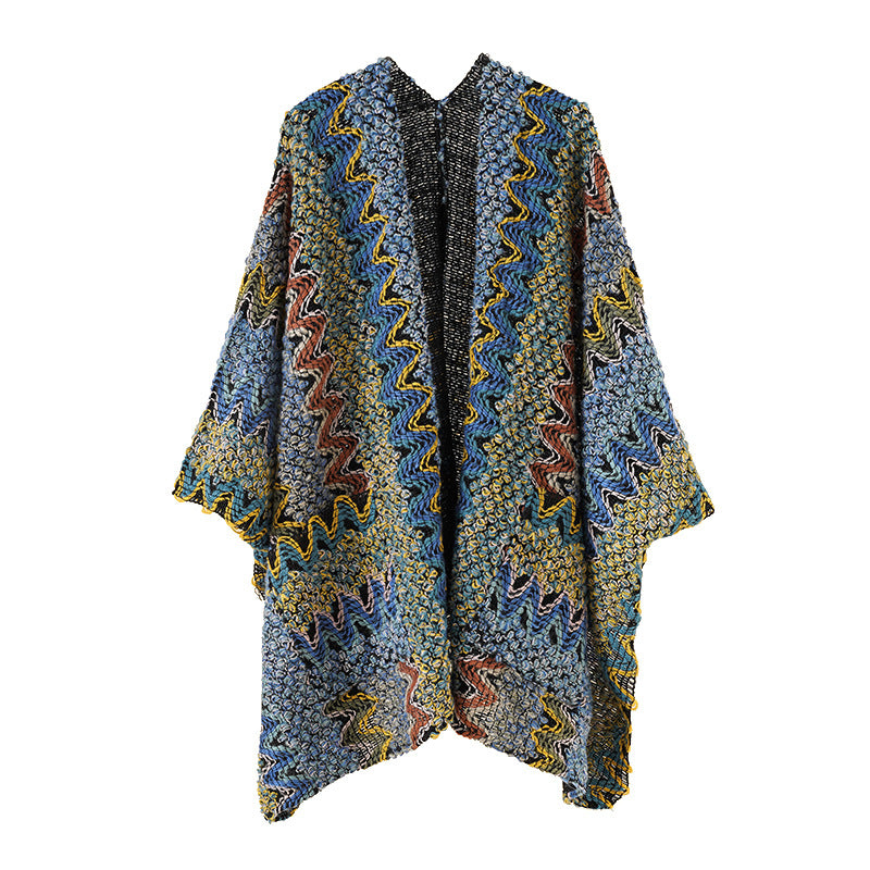 Women's Chunky Knitted Ethno-Ruana-Poncho with Zigzag Jacquard and Open Fall Mune Fashion