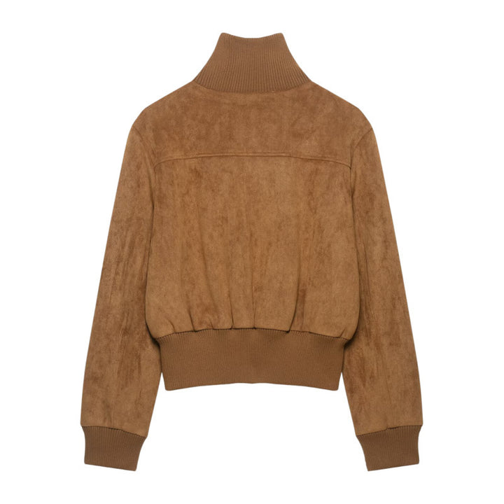 Women's Short Suede Look Bomber Jacket with Stand Collar, Flap Pockets and Ribbed Cuffs Mune Fashion
