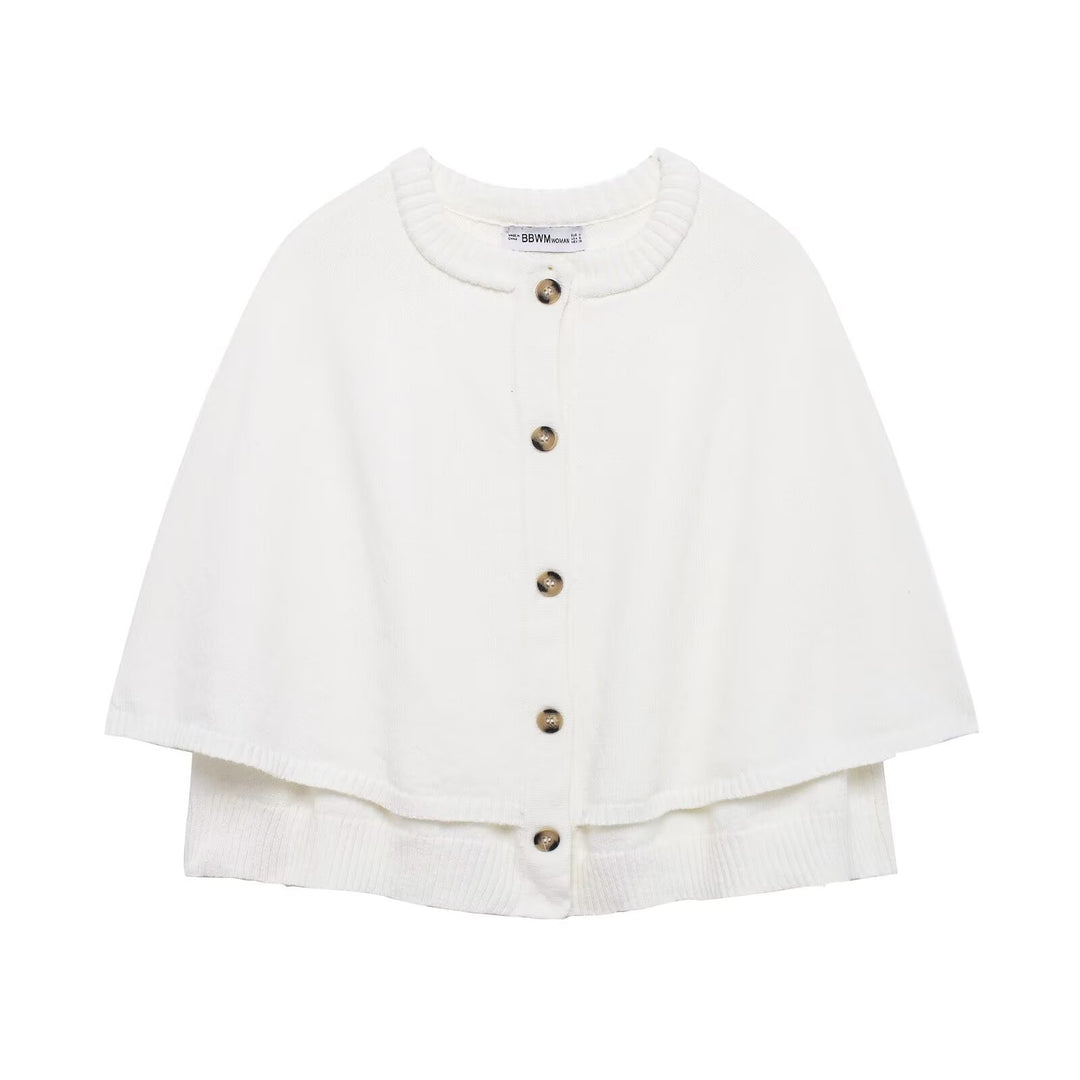 Women's Button-Front Knit Cape with Double Layer and Round Neckline Mune Fashion