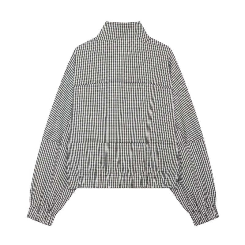 Women Cropped Boxy Jacket in Vichy Check with Stand Collar and Two-Way Zipper Mune Fashion