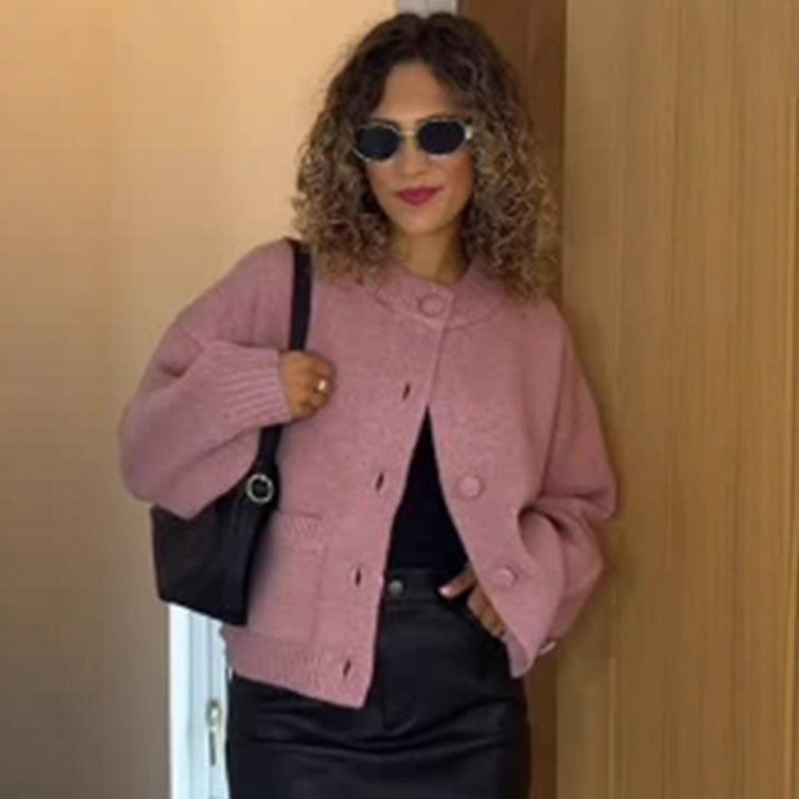 Women's Chunky Knit Cropped Cardigan with Round Snap Buttons and Oversized Sleeves Mune Fashion