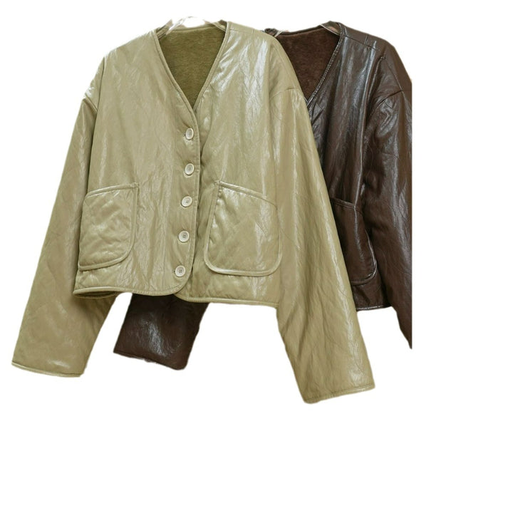 Ladies Boxy Faux Leather Jacket with Quilted Look and Teddy Lining Mune Fashion