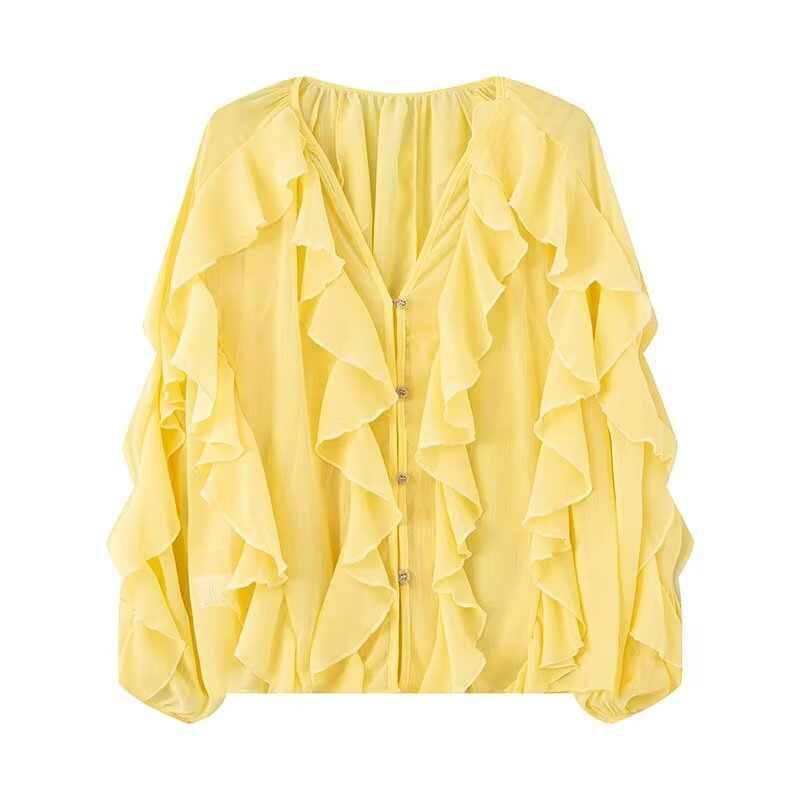 Women's Ruffle Chiffon Blouse with Button Placket, Gathered Neckline and Balloon Sleeves Mune Fashion