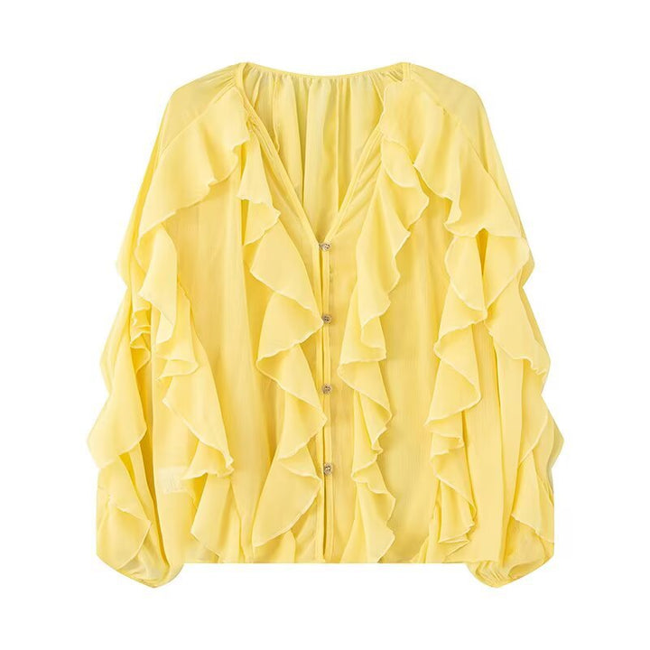 Women's Ruffle Chiffon Blouse with Button Placket, Gathered Neckline and Balloon Sleeves Mune Fashion