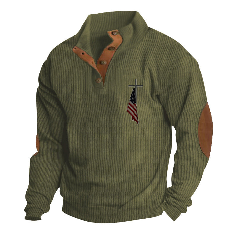 Men's structured troyer with faux leather elbow patches, V-button placket, and discreet emblem Mune Fashion