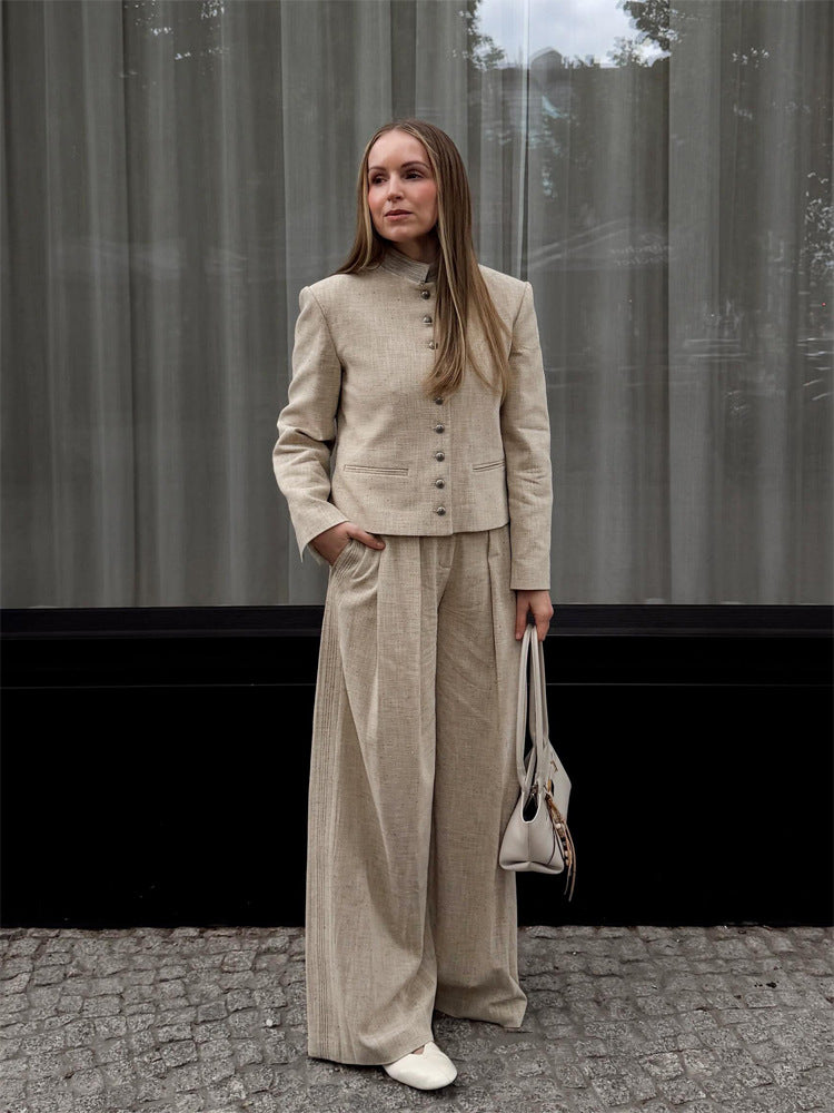 Women's stand collar jacket with metal buttons and wide pleated trousers Mune Fashion