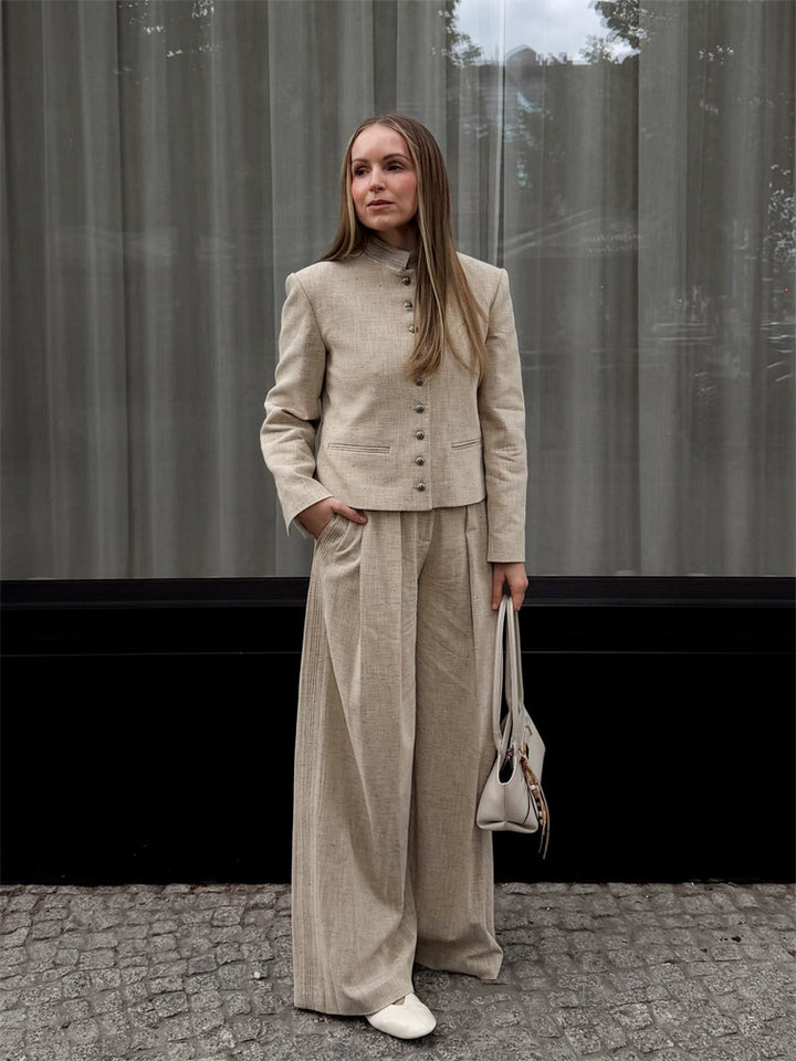 Women's stand collar jacket with metal buttons and wide pleated trousers Mune Fashion
