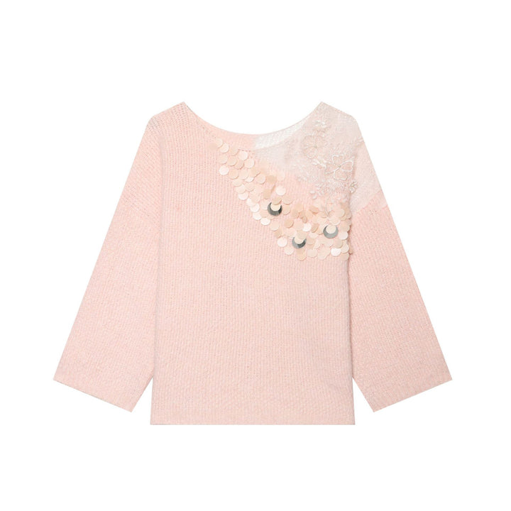 Women's Boxy Knit Sweater with Sequin Application and Lace Trim Mune Fashion