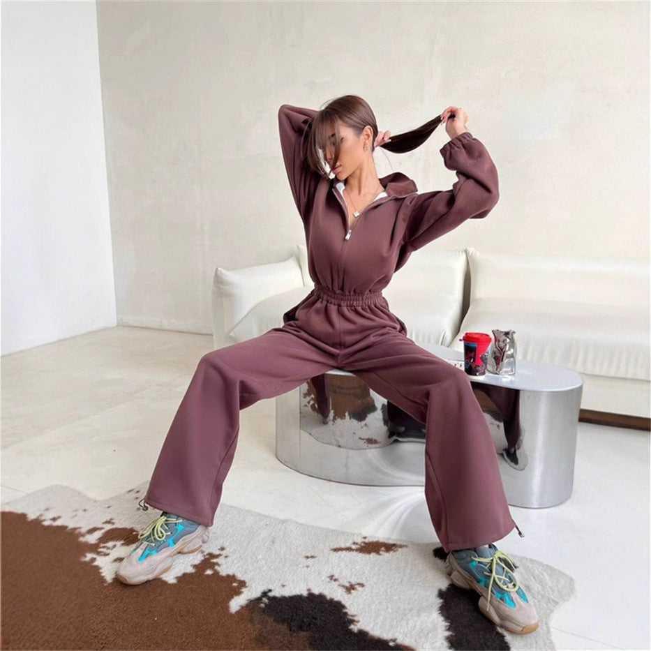 Women Loungewear Set with Half Zipper, Elastic Waistband and Wide Jogging Pants Mune Fashion