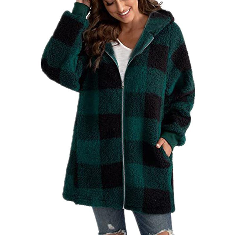 Women's Checked Teddy Fleece Coat with Hood and Zipper Mune Fashion