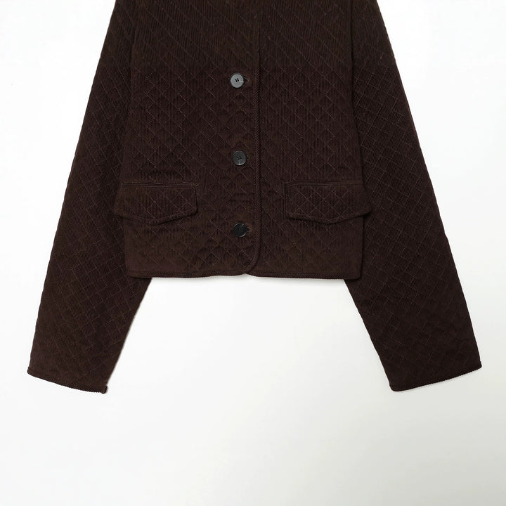 Women's Cropped Quilted Cord Jacket with Rounded Collar and Flap Pockets Mune Fashion