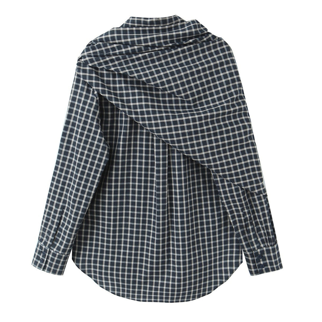 Women Checked Blouse Shirt with Asymmetrical Scarf Detail Mune Fashion