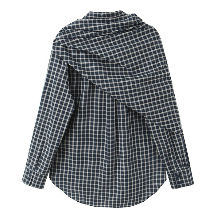 Women Checked Blouse Shirt with Asymmetrical Scarf Detail Mune Fashion