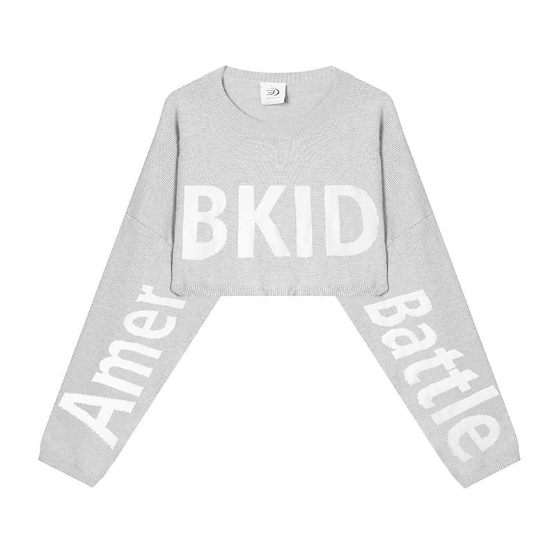 Women's Cropped Knit Sweater with Wide Raglan Sleeves and Statement Print Mune Fashion