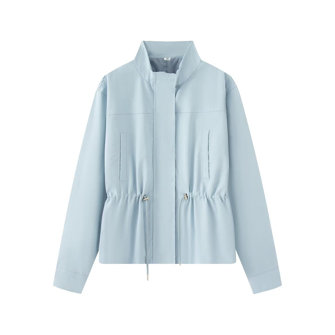 Women Lightweight Transition Jacket with Drawstring Waist and Stand-Up Collar Mune Fashion