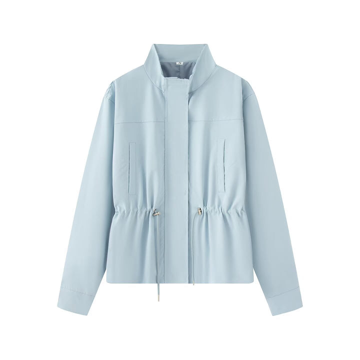 Women Lightweight Transition Jacket with Drawstring Waist and Stand-Up Collar Mune Fashion