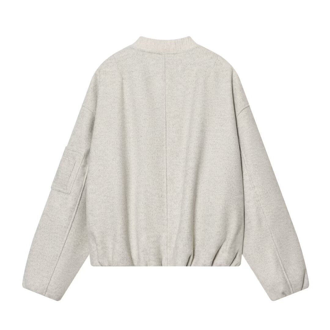Women's Wool Blend Bomber Jacket in Oversized Boxy Cut with Zipper and Arm Pocket Mune Fashion