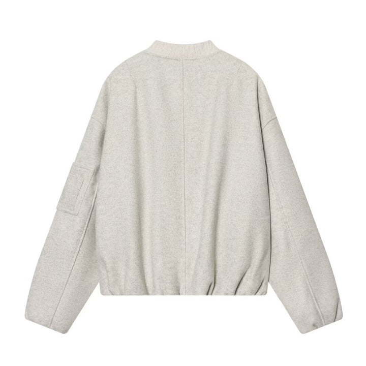 Women's Wool Blend Bomber Jacket in Oversized Boxy Cut with Zipper and Arm Pocket Mune Fashion