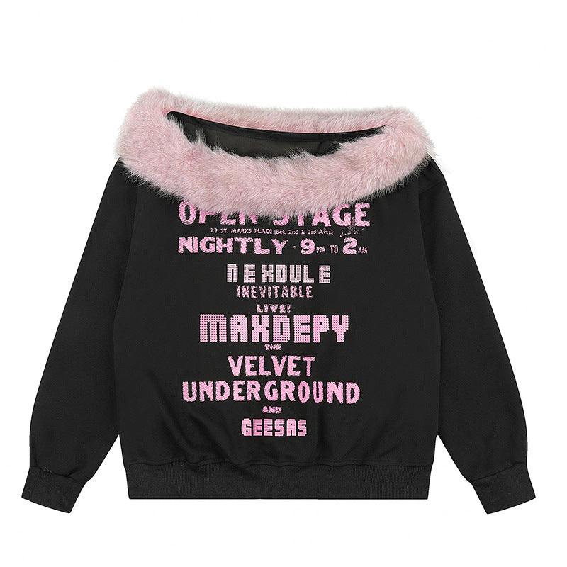 Women's oversized sweatshirt with faux fur collar, soft inner lining and typographic statement print Mune Fashion