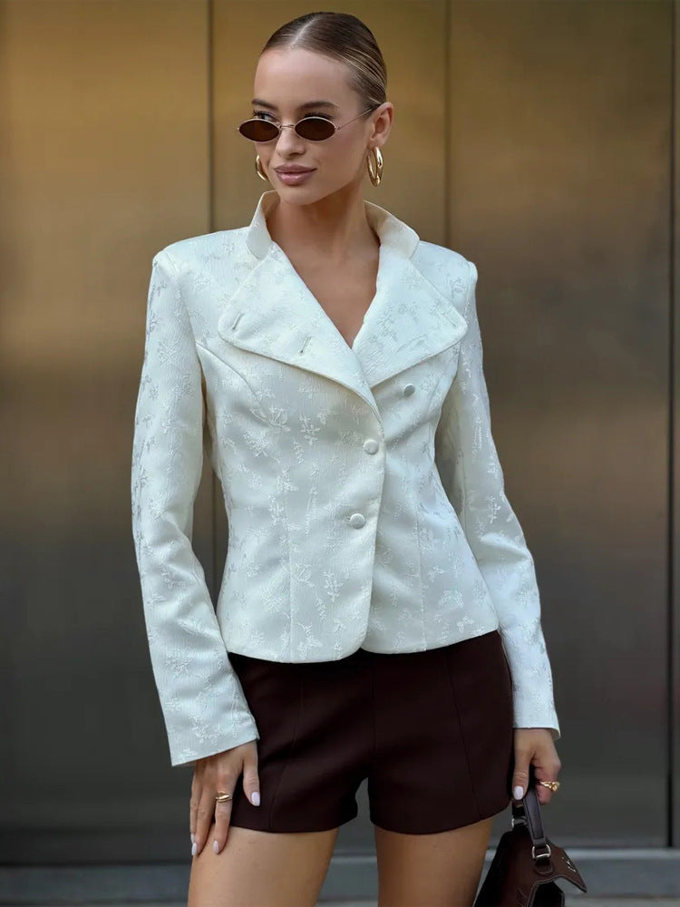 Women's Tailored Jacquard Blazer with Overlapping Lapels and Decorative Buttons Mune Fashion