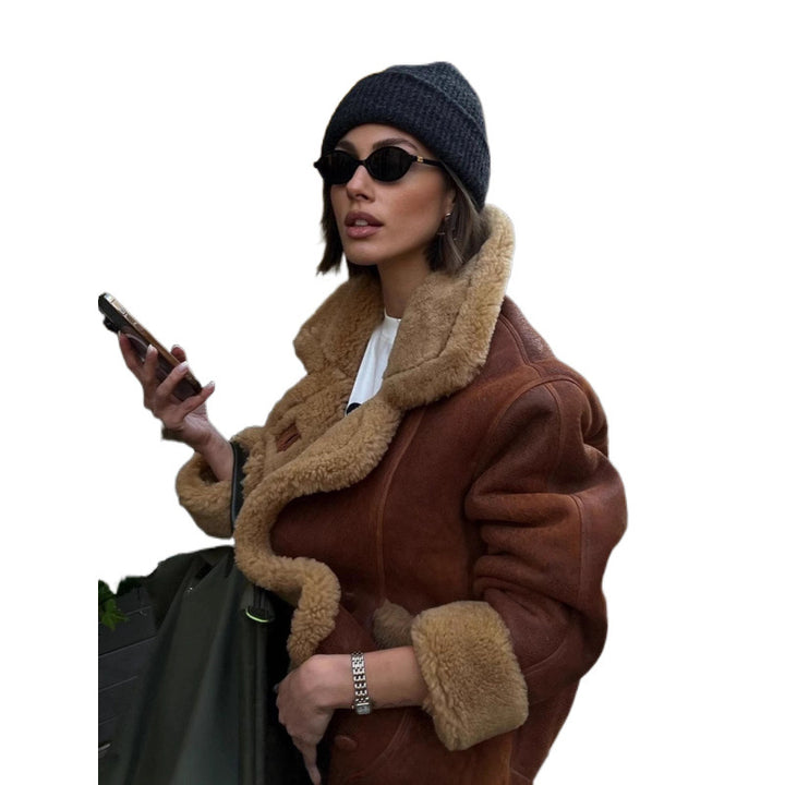 Women's Oversize Sheepskin-Look Aviator Jacket with Voluminous Shawl Collar Mune Fashion